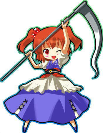 michii yuuki, onozuka komachi, touhou, jpeg artifacts, lowres, 1girl, chibi, female focus, full body, glowing, red eyes, red hair, scythe, simple background, solo, standing, white background