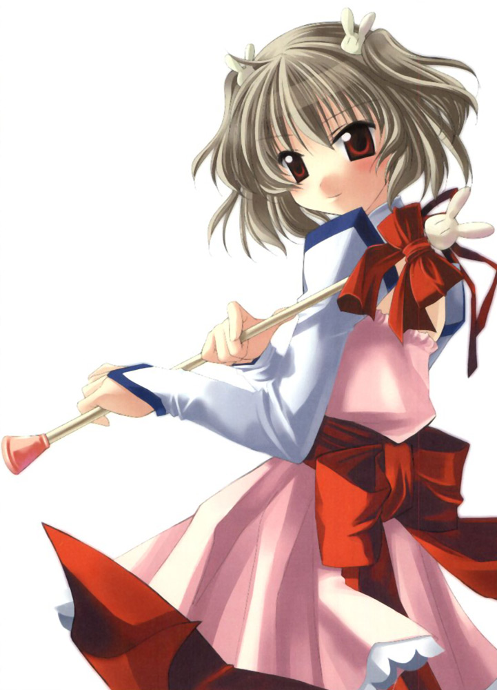 naruse chisato, angel rabbie, lasty farson, angelic serenade, angelic serenade art collection, magical twirler angel rabbie, tenbatsu angel rabbie, artbook, 1girl, bow, female focus, hair ornament, magical girl, rabbit hair ornament, red eyes, solo, wand