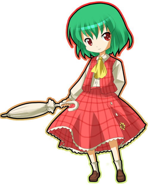 michii yuuki, kazami yuuka, touhou, jpeg artifacts, 1girl, ascot, chibi, closed umbrella, female focus, glowing, green hair, plaid clothes, plaid skirt, plaid vest, red eyes, short hair, skirt, skirt set, solo, umbrella, vest