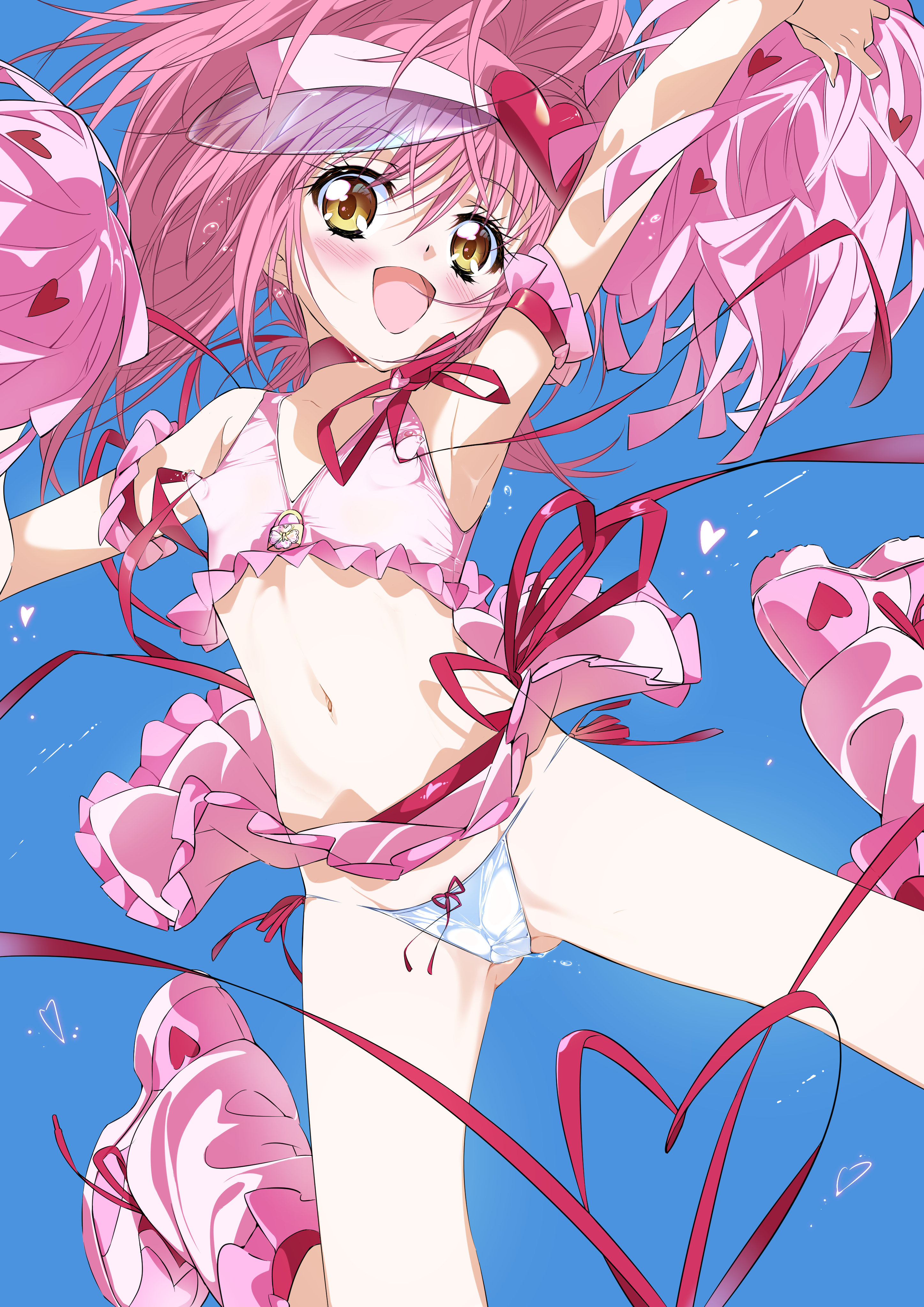 niko (tama), amulet heart, hinamori amu, shugo chara!, absurdres, highres, 1girl, armpits, blue background, blush, bow, cheerleader, choker, crop top, crop top overhang, holding, holding pom poms, leg warmers, long hair, long nipples, looking at viewer, magical girl, midriff, miniskirt, navel, open mouth, panties, pink choker, pink hair, pleated skirt, pom pom (cheerleading), pom poms, pussy juice, red bow, shoes, simple background, skirt, smile, sneakers, solo, underwear, visor cap, white panties, yellow eyes
