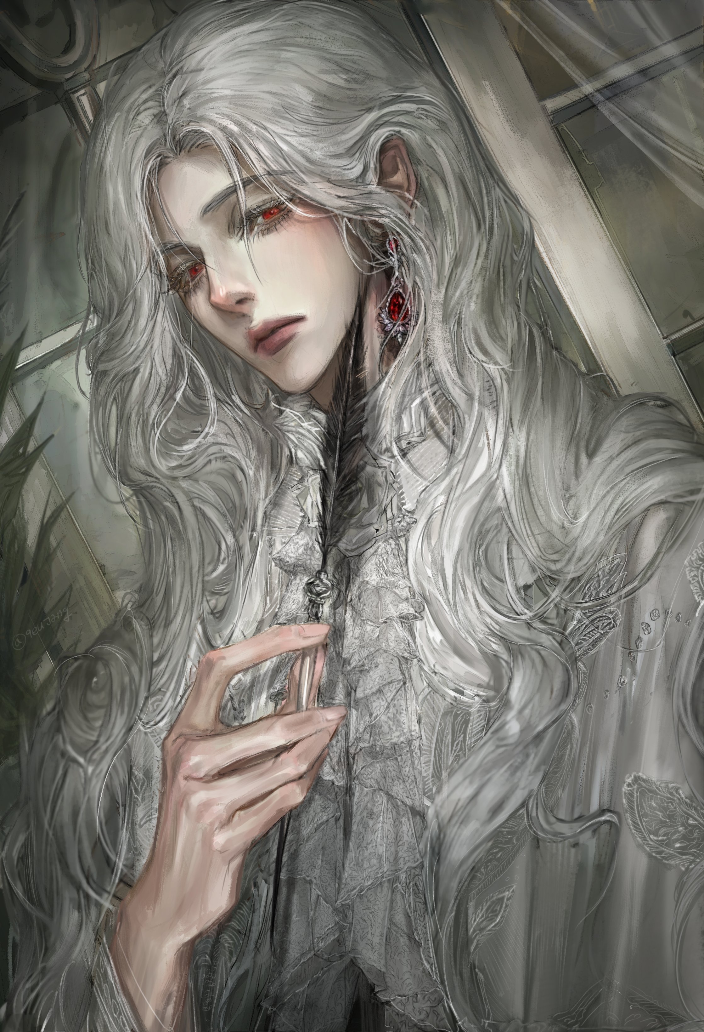9eujang, original, absurdres, commission, highres, korean commentary, 1boy, ascot, bishounen, closed mouth, curtained hair, curtains, earrings, expressionless, fingernails, gem, hair behind ear, hand up, holding, holding quill, indoors, jewelry, lace, lips, long hair, long sleeves, looking at viewer, male focus, parted bangs, plant, quill, realistic, red eyes, red gemstone, see-through curtains, shirt, sideways glance, solo, teardrop earrings, upper body, wavy hair, white ascot, white hair, white shirt, window