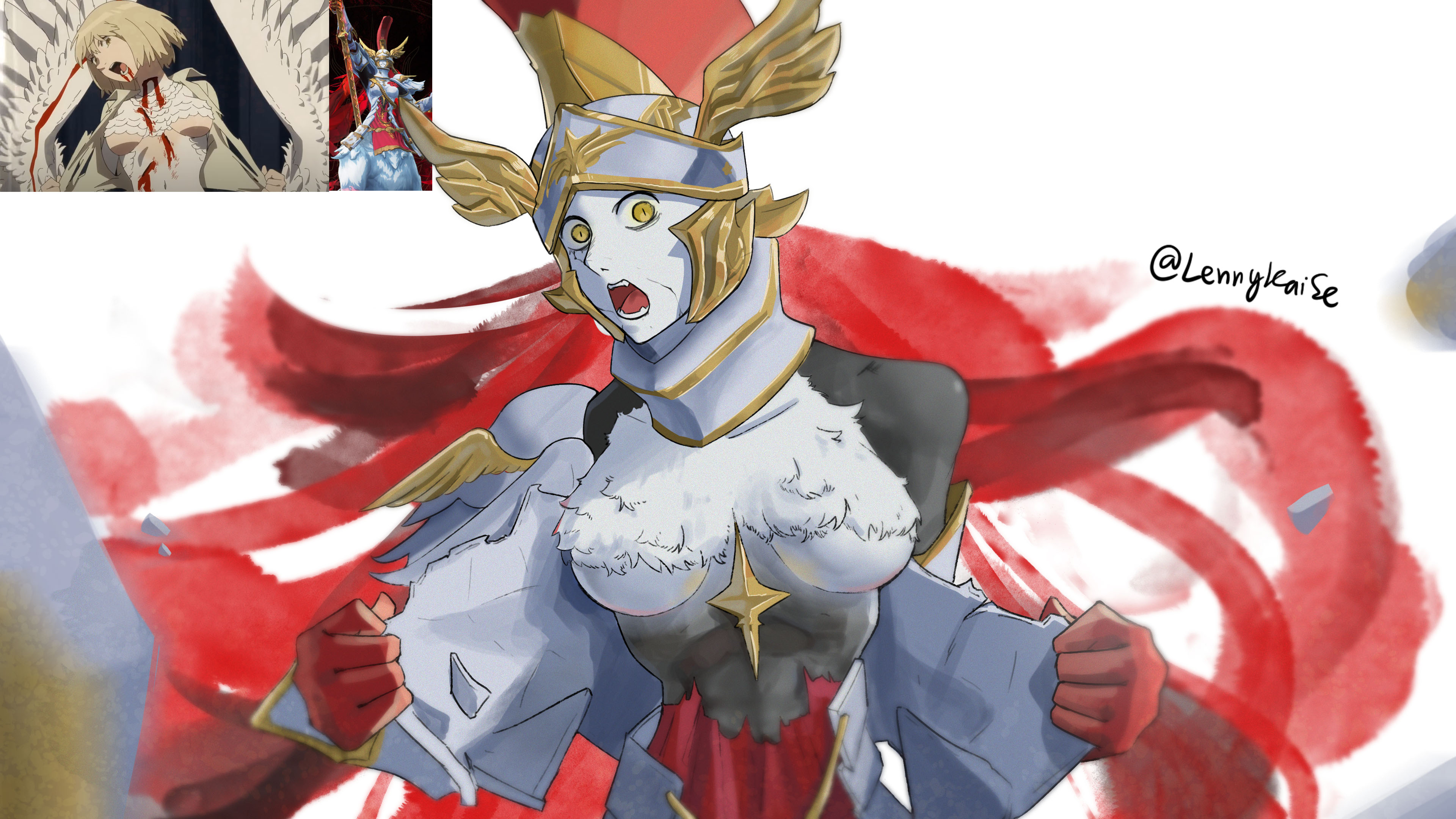 lennykaise, falin touden, falin touden (chimera), dungeon meshi, wuthering waves, absurdres, highres, 1girl, anime screenshot inset, armor, arsinosa (wuthering waves), breastplate, colored skin, game screenshot inset, grey skin, helmet, humanization, looking at viewer, open mouth, pose imitation, scene reference, simple background, solo, tearing clothes, torn clothes, twitter username, upper body, white background, yellow eyes