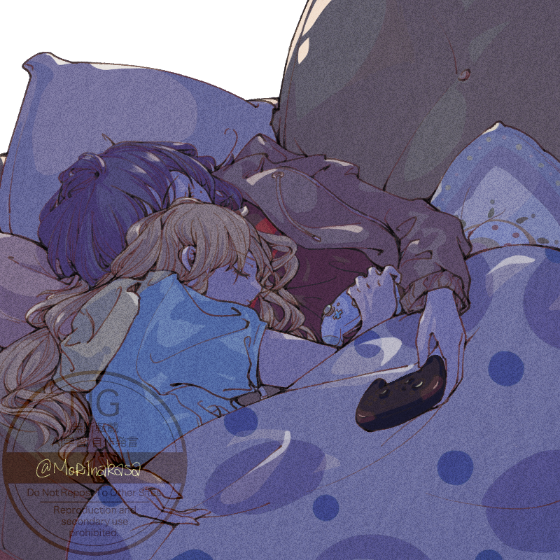 ijichi nijika, yamada ryo, bocchi the rock!, 2girls, blanket, blonde hair, blue hair, blue shirt, closed eyes, controller, game controller, holding, holding controller, holding game controller, hug, jacket, moriinakasa, multiple girls, pillow, shirt, sleeping, yuri