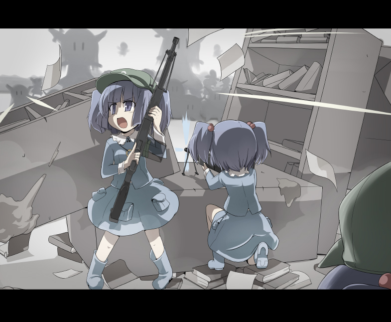 mamo williams, ex-keine, ibuki suika, kamishirasawa keine, kawashiro nitori, patchcon, touhou, 2girls, blue eyes, blue hair, book, female focus, gun, hair bobbles, hair ornament, hat, letterboxed, library, multiple girls, trigger discipline, two side up, voile, weapon, | |