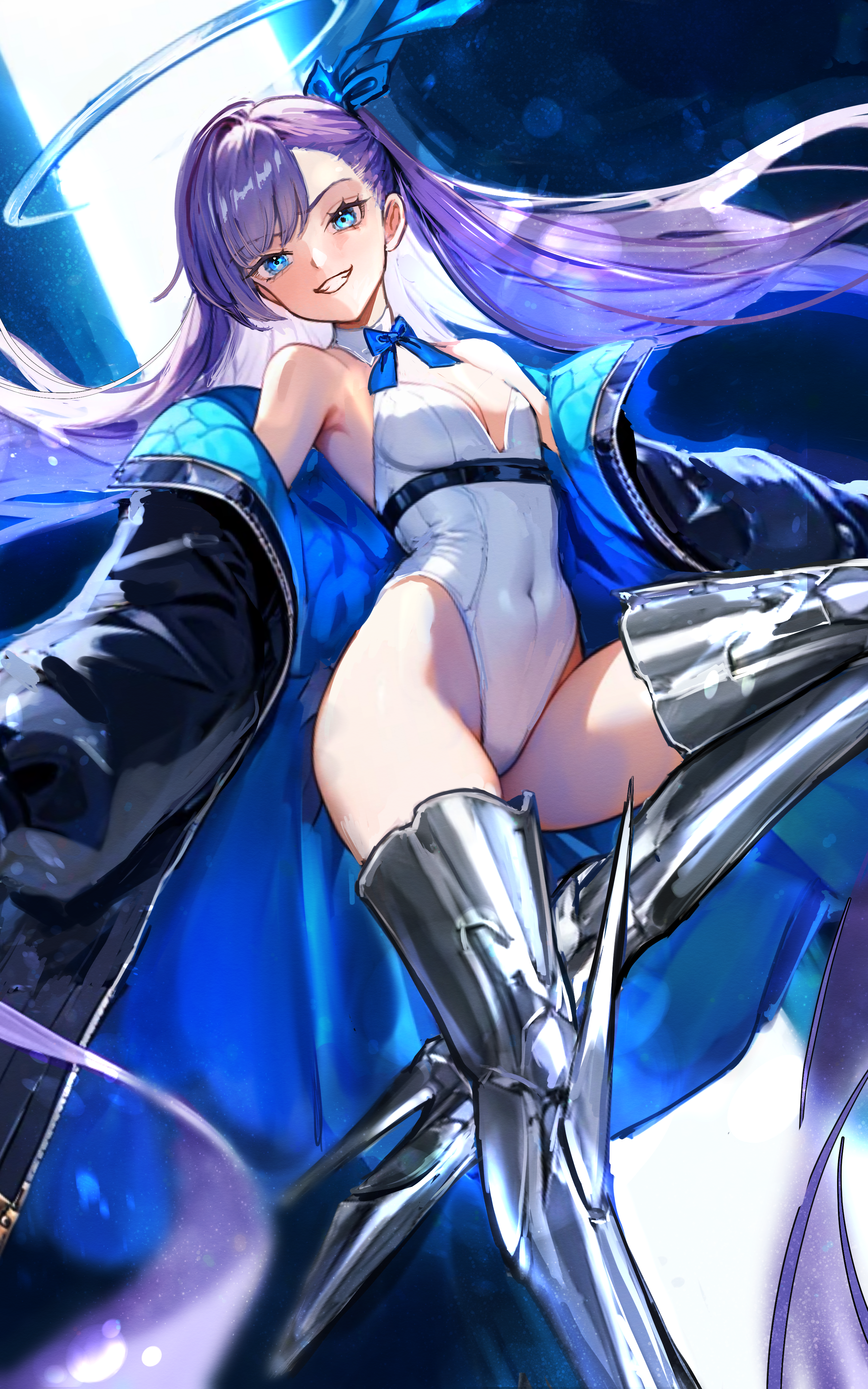 minestrongzzz, meltryllis (fate), fate/grand order, fate (series), absurdres, highres, 1girl, armored boots, black jacket, blue eyes, blue ribbon, blush, boots, breasts, covered navel, hair ribbon, highleg, highleg leotard, jacket, leotard, long hair, long sleeves, looking at viewer, prosthesis, prosthetic leg, purple hair, ribbon, sleeves past fingers, sleeves past wrists, small breasts, very long hair, white leotard