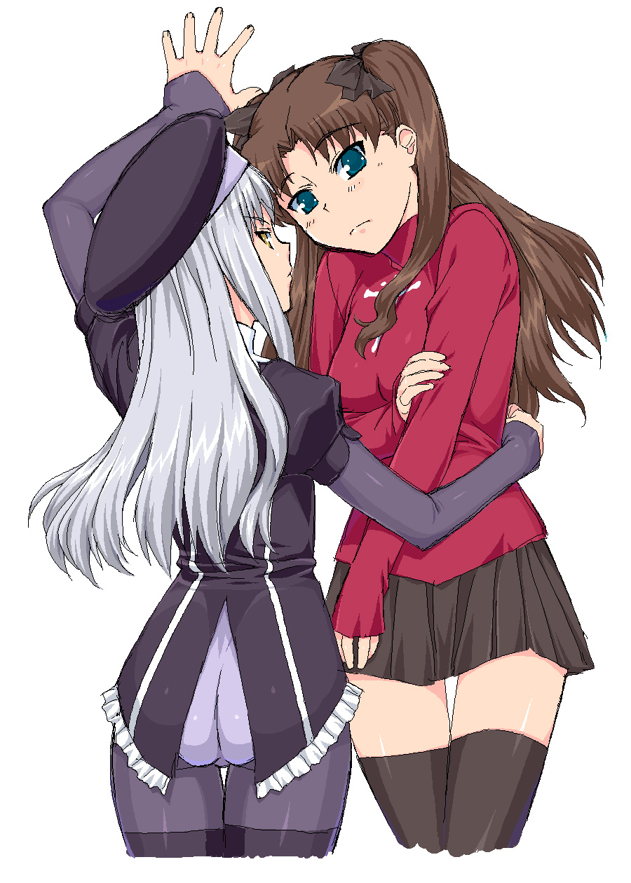 shichimenchou, caren hortensia, tohsaka rin, fate/hollow ataraxia, fate/stay night, fate (series), black legwear, highres, 00s, 2girls, ass, female focus, layered sleeves, looking at viewer, looking back, multiple girls, pantyhose, thighhighs, yuri, zettai ryouiki