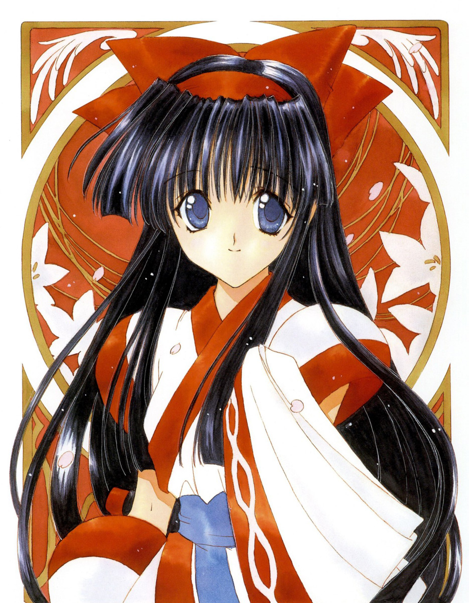 nanase aoi, nakoruru, angel flavor, samurai spirits, artbook, highres, 1990s (style), 1girl, bow, cherry blossoms, female focus, flower, gloves, hair bow, hairband, red bow, retro artstyle, solo, wings