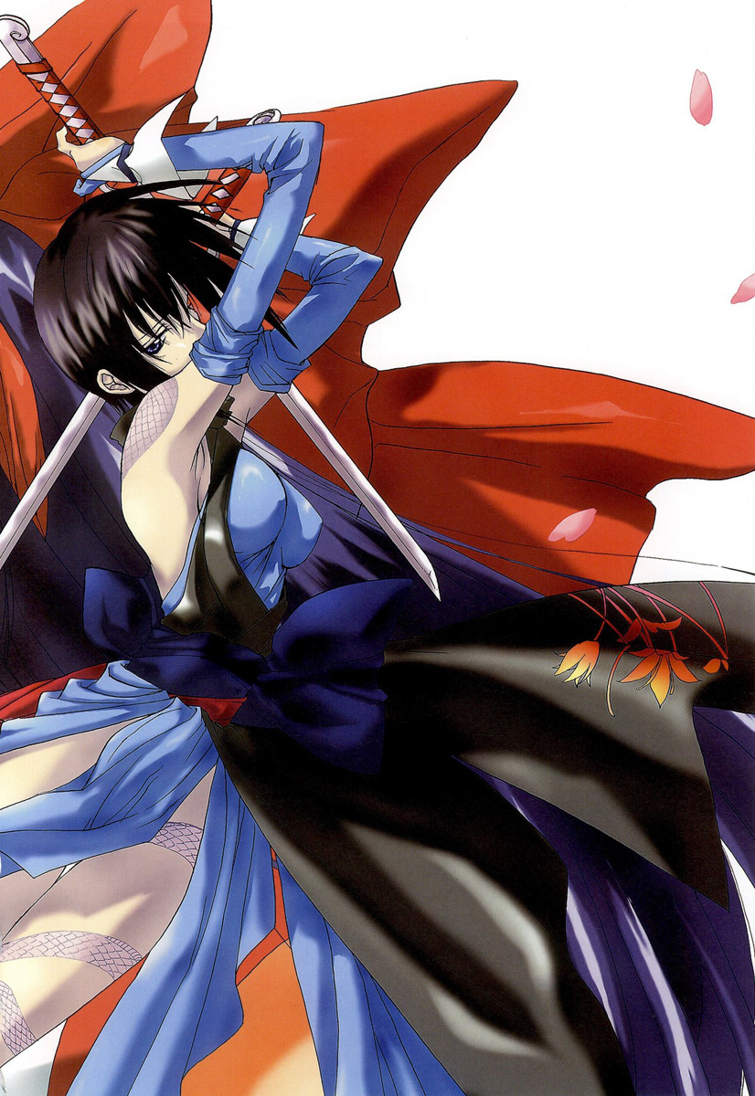 nanase aoi, nakoruru, shiki (samurai spirits), angel flavor, samurai spirits, artbook, highres, 1990s (style), 1girl, armpits, arms up, black hair, bow, breasts, cherry blossoms, covered erect nipples, elbow gloves, female focus, gloves, hair bow, hairband, medium breasts, retro artstyle, short hair, solo, sword, tattoo, very short hair, weapon