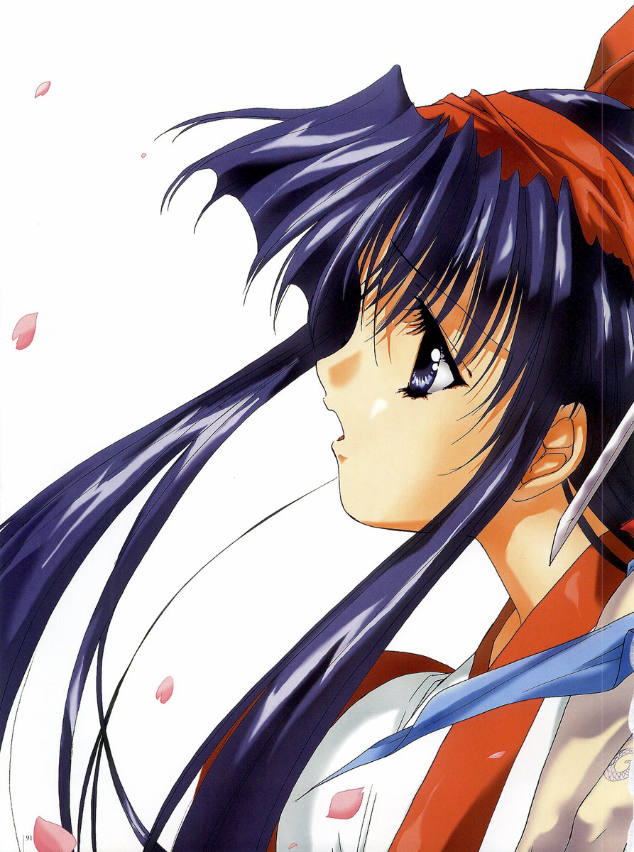 nanase aoi, nakoruru, angel flavor, samurai spirits, artbook, highres, 1990s (style), 1girl, bow, cherry blossoms, female focus, hair bow, hairband, retro artstyle, solo