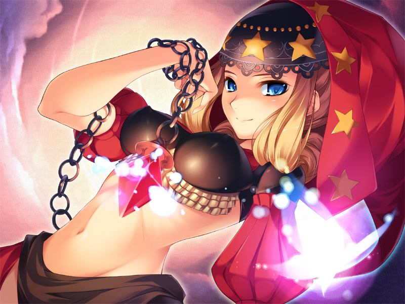 yashima takahiro, velvet (odin sphere), odin sphere, 1girl, blonde hair, blue eyes, breasts, chain, covered erect nipples, crystal, female focus, hood, large breasts, midriff, navel, puff and slash sleeves, puffy sleeves, smile, solo