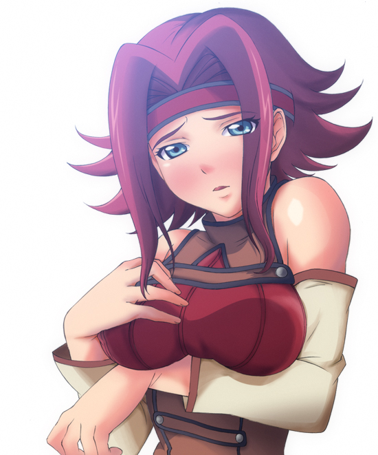 hayakawa harui, kouzuki kallen, code geass, 00s, 1girl, bare shoulders, breasts, female focus, simple background, sleeveless, sleeveless turtleneck, solo, turtleneck