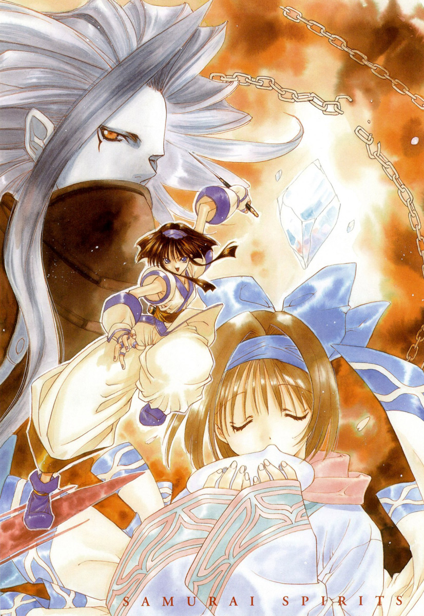 nanase aoi, murasaki nakoruru, nakoruru, rera, rimururu, angel flavor, samurai spirits, snk, artbook, highres, 1990s (style), 1boy, 2girls, bow, chain, copyright name, crystal, flute, gloves, hair bow, hairband, instrument, knife, multiple girls, ocarina, retro artstyle