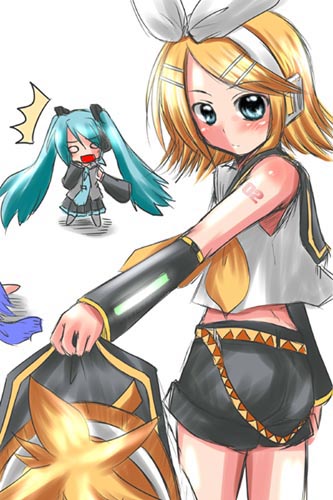 misana, hatsune miku, kagamine len, kagamine rin, vocaloid, lowres, 1boy, 2girls, brother and sister, long hair, multiple girls, siblings, thighhighs, twins, twintails, very long hair