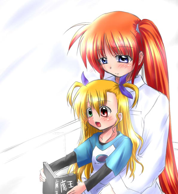 misana, takamachi nanoha, vivio, lyrical nanoha, mahou shoujo lyrical nanoha, mahou shoujo lyrical nanoha strikers, 00s, 2girls, :d, age difference, ahoge, blush, book, green eyes, height difference, holding, holding book, long hair, long sleeves, mother and daughter, multiple girls, open book, open mouth, orange hair, purple eyes, raglan sleeves, reading, red eyes, red hair, shirt, side ponytail, simple background, smile, t-shirt, twintails, upper body, very long hair, white background