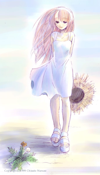 naruse chisato, original, 1girl, dandelion, dress, female focus, flower, full body, hat, holding, holding unworn clothes, holding unworn hat, long hair, pink hair, sandals, solo, standing, sundress, unworn hat, unworn headwear