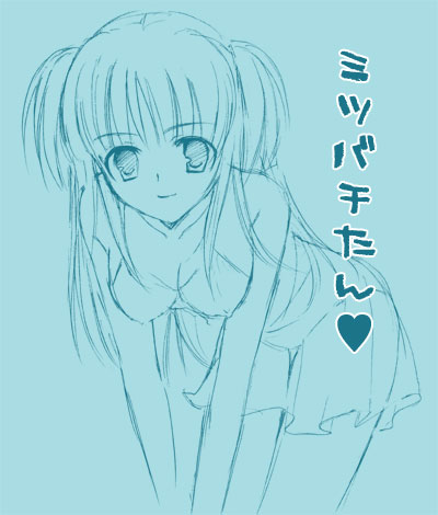 hazuki ruka, kiyashiki momomi, strawberry panic!, lowres, translated, 00s, 1girl, bent over, breasts, breasts squeezed together, chemise, cleavage, female focus, hanging breasts, heart, lingerie, long hair, monochrome, panties, see-through clothes, short twintails, sketch, smile, solo, twintails, two side up, underwear