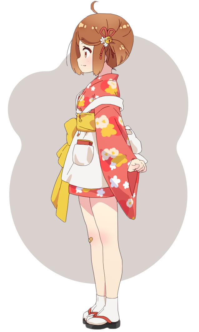 chiyo (prima doll), prima doll (anime), official art, 1girl, ahoge, anime coloring, apron, bandaid, bandaid on leg, bell, blush, bow, brown eyes, brown hair, clenched hand, closed mouth, floral print, flower, from side, full body, grey background, hair flower, hair ornament, hair ribbon, japanese clothes, kimono, obi, outstretched arm, profile, red kimono, red ribbon, ribbon, sandals, sash, short hair, short kimono, side ponytail, sidelocks, smile, socks, solo, standing, sugihara minami, two-tone background, white apron, white background, white socks, wide sleeves, yellow bow, zouri