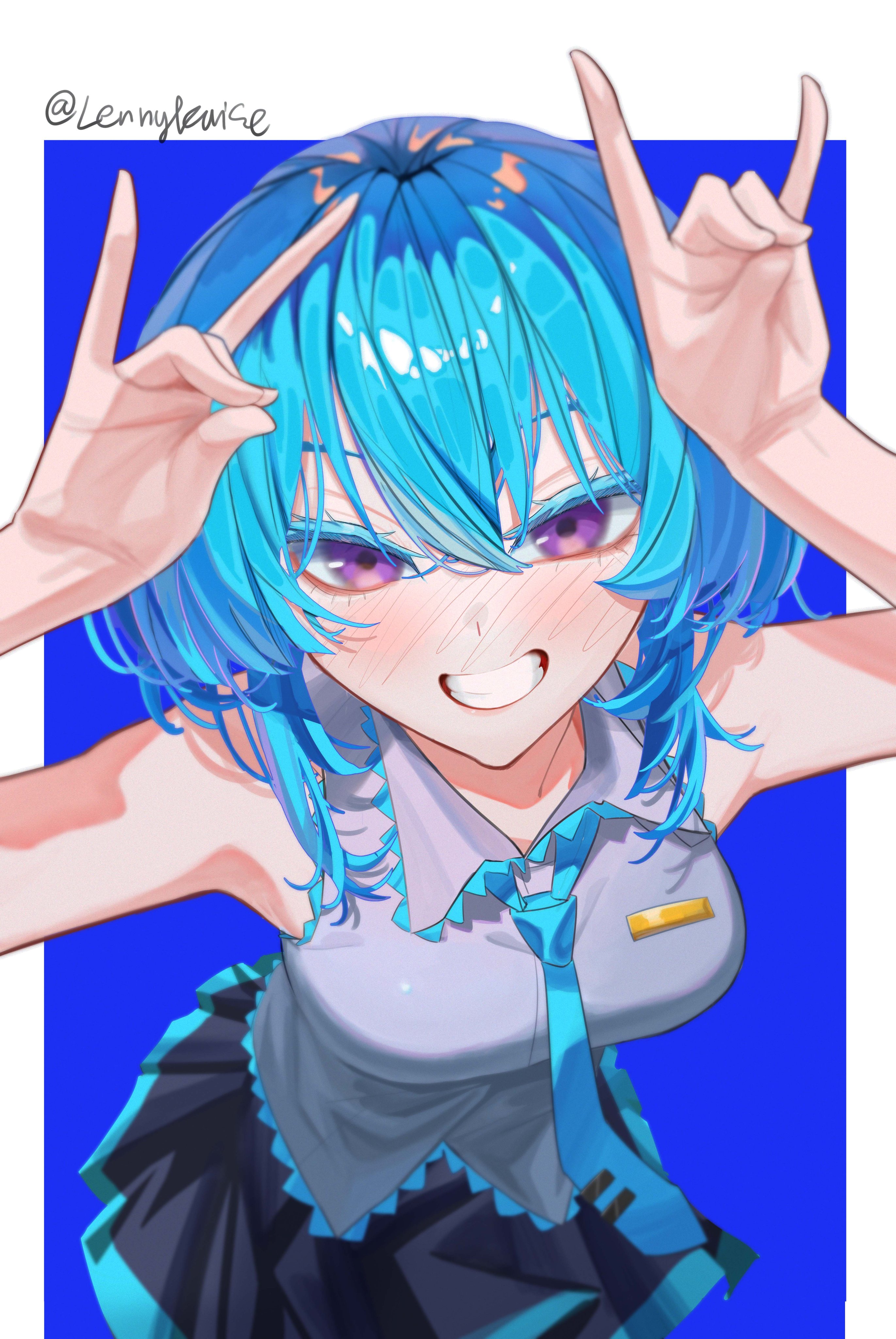 lennykaise, hatsune miku, shorekeeper (wuthering waves), wuthering waves, absurdres, commentary, english commentary, highres, 1girl, art study, bare shoulders, black skirt, blue background, blue hair, blue necktie, blush, border, breasts, colored eyelashes, cosplay, double w, grey shirt, grin, hair between eyes, hands up, hatsune miku (cosplay), long hair, looking at viewer, medium breasts, necktie, purple eyes, shirt, skirt, sleeveless, sleeveless shirt, smile, solo, twitter username, w, white border