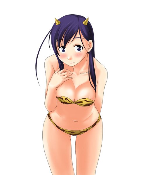 toshifumi, lum, ogasawara sachiko, maria-sama ga miteru, urusei yatsura, 1girl, animal print, bikini, cone horns, cosplay, female focus, horns, leaning forward, lum (cosplay), oni, solo, striped horns, swimsuit, tiger print, yellow bikini, yellow horns