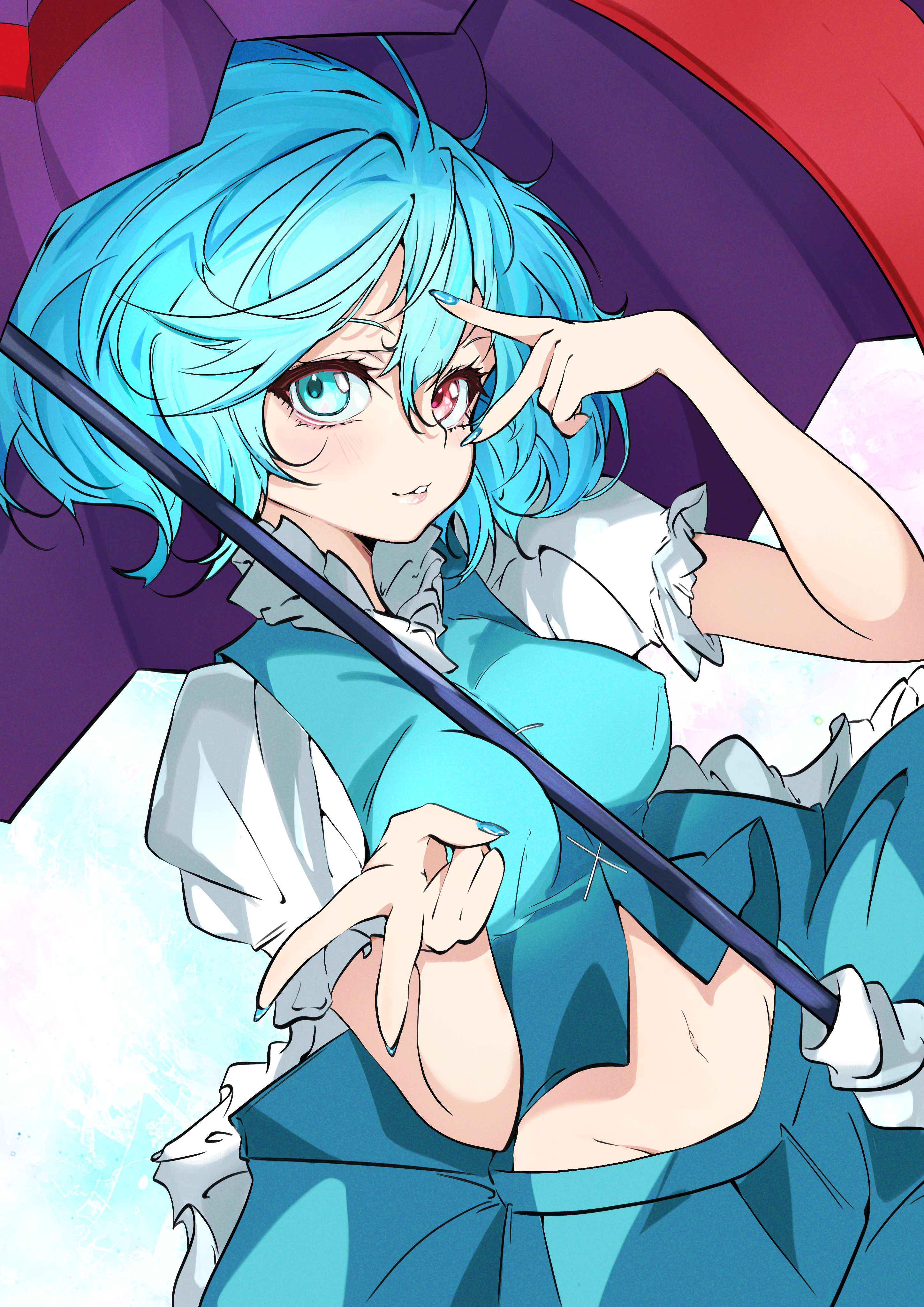 unanooo (fthx7532), tatara kogasa, touhou, absurdres, highres, aqua eyes, aqua hair, aqua skirt, aqua vest, between breasts, blue hair, blue nails, breasts, frilled skirt, frills, heterochromia, holding, holding umbrella, juliet sleeves, large breasts, long sleeves, medium hair, midriff, nail polish, navel, puffy sleeves, purple umbrella, red eyes, shirt, short sleeves, skirt, umbrella, v, vest, white shirt