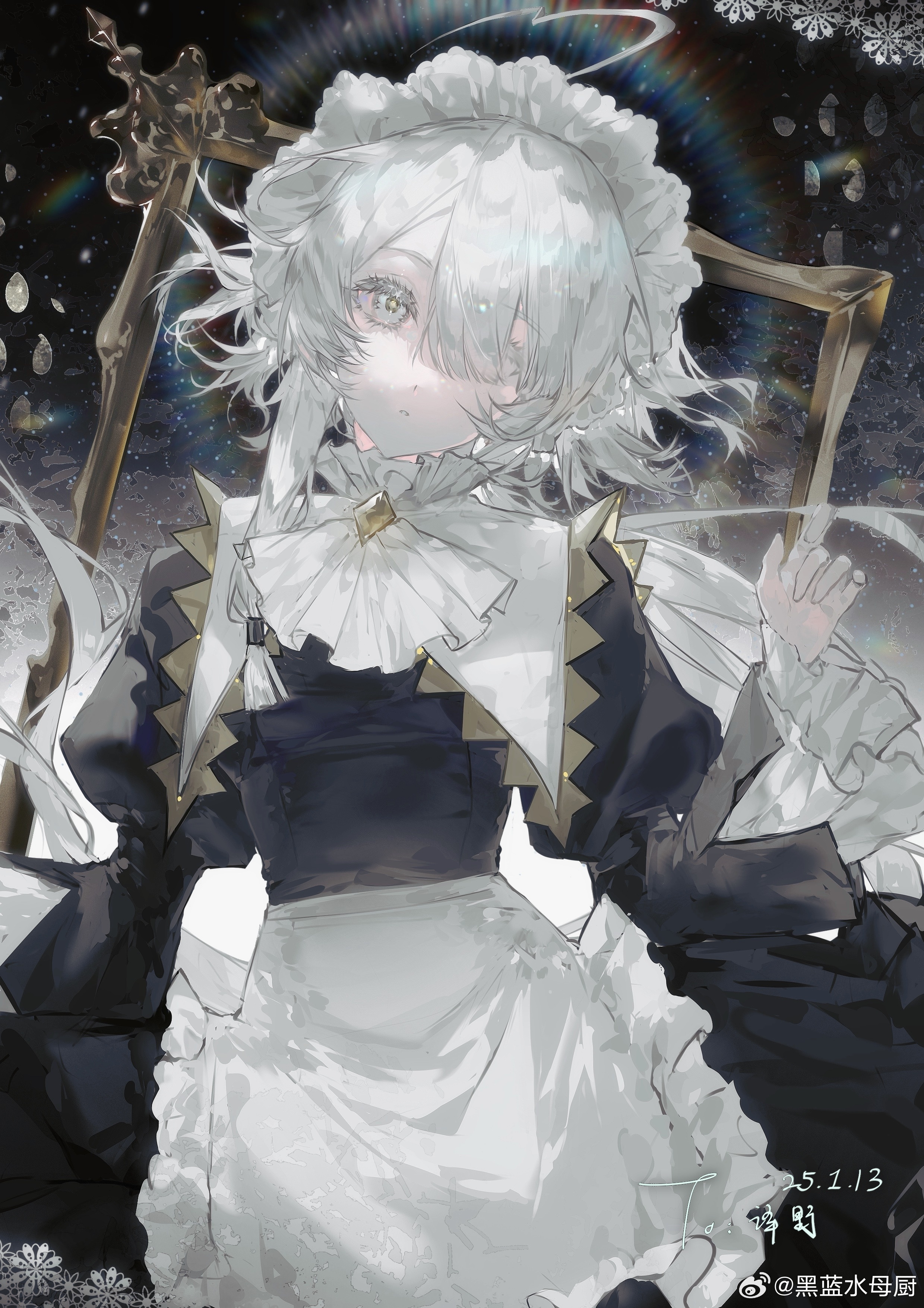 original, absurdres, highres, apron, ascot, black dress, cowboy shot, cross, dress, falling petals, frilled apron, frilled sleeves, frills, grey hair, hair between eyes, hair ornament, hair over one eye, halo, hand up, heilanshuimuchu, jewelry, juliet sleeves, long hair, long sleeves, looking at viewer, maid apron, maid headdress, parted lips, petals, picture frame, puffy sleeves, short hair, short hair with long locks, simple background, upper body, waist apron, white apron, white ascot, white hair