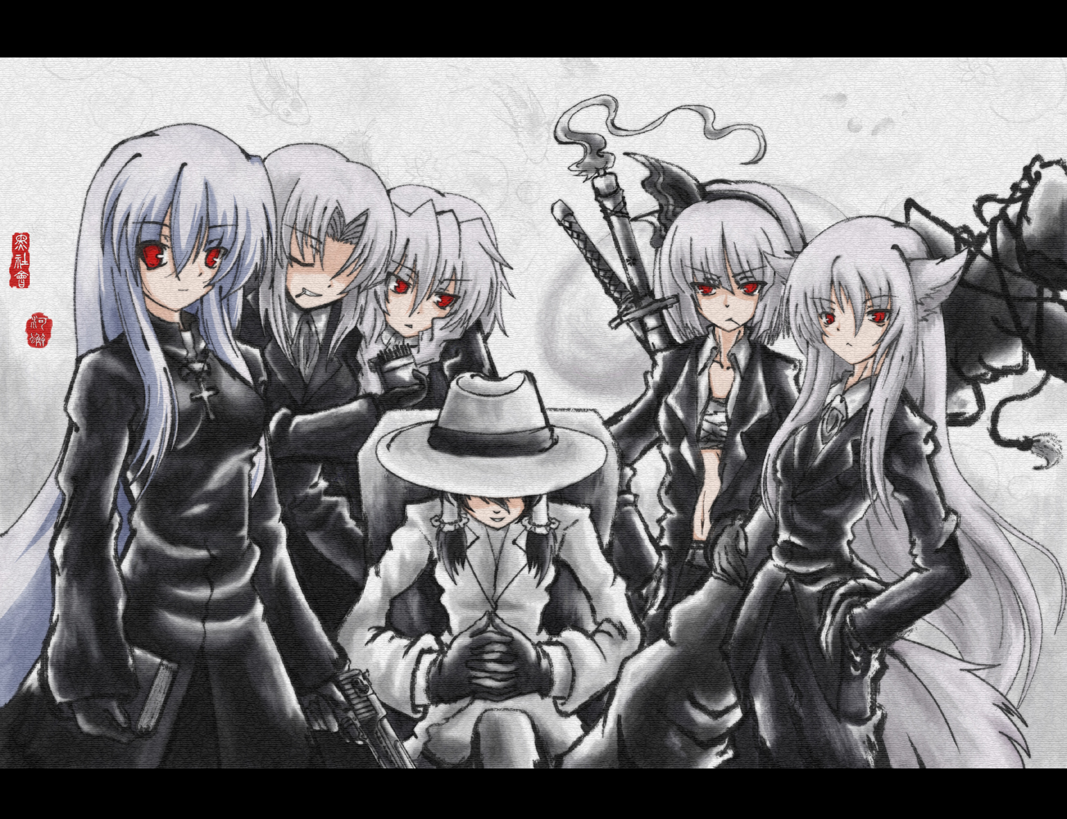 auer, hakurei reimu, inubashiri momiji, izayoi sakuya, kamishirasawa keine, konpaku youmu, konpaku youmu (ghost), yagokoro eirin, touhou, 6+girls, albino, alternate costume, animal ears, book, color connection, contemporary, desert eagle, fedora, female focus, formal clothes, gangster, gun, handgun, hat, katana, letterboxed, long hair, mafia, multiple girls, odd one out, pant suit, pants, pistol, red eyes, semi-automatic pistol, suit, sword, tail, weapon, white hair, wolf ears, wolf tail, yakuza