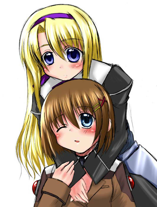 misana, carim gracia, yagami hayate, lyrical nanoha, mahou shoujo lyrical nanoha, mahou shoujo lyrical nanoha strikers, 00s, 2girls, black dress, blue eyes, blush, brooch, brown dress, dress, gem, hair ornament, hairband, hug, hug from behind, jewelry, long sleeves, multiple girls, pointy ears, short hair, simple background, sleeve cuffs, white background, x hair ornament, yuri