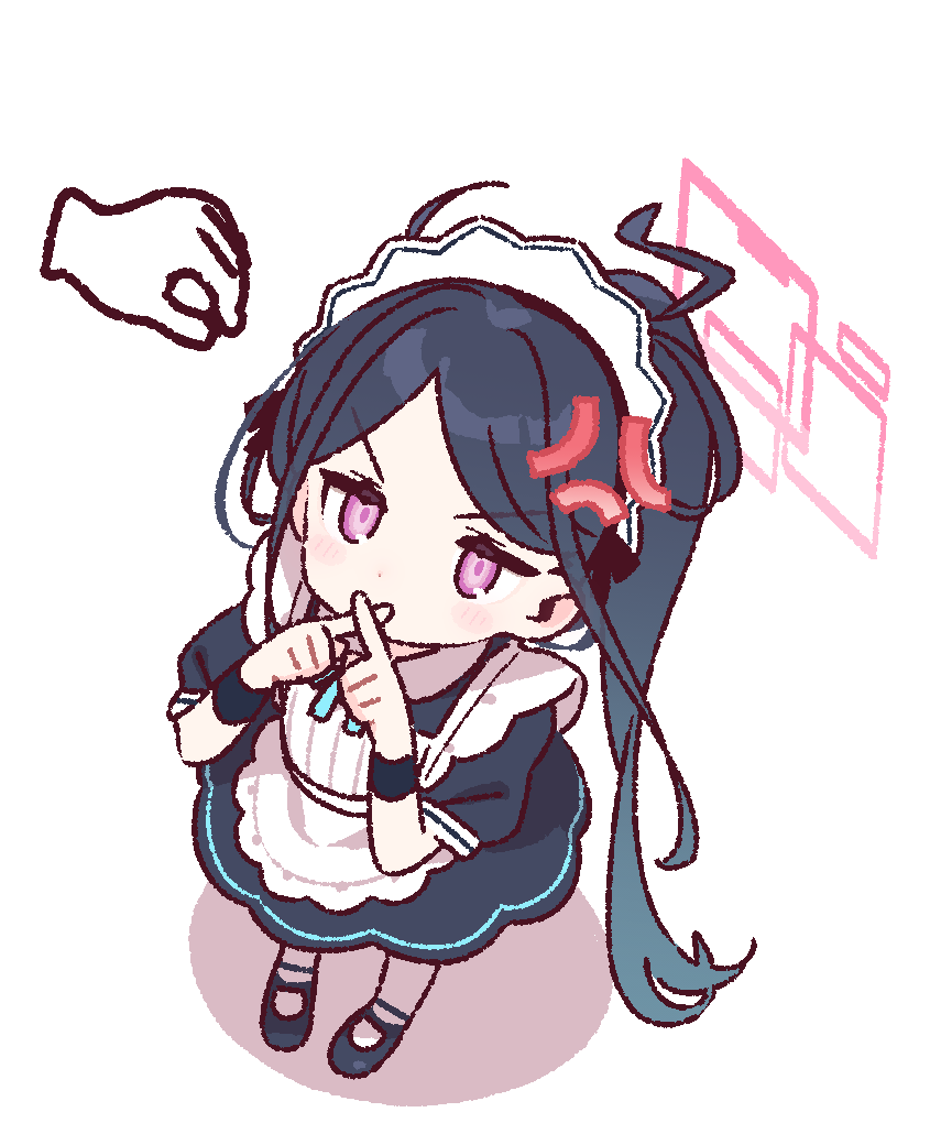 yoru nai, kei (blue archive), blue archive, 1girl, anger vein, apron, black hair, disembodied hand, hair between eyes, halo, long hair, maid, maid apron, maid headdress, ponytail, red eyes, simple background, solo, very long hair, white background, x fingers