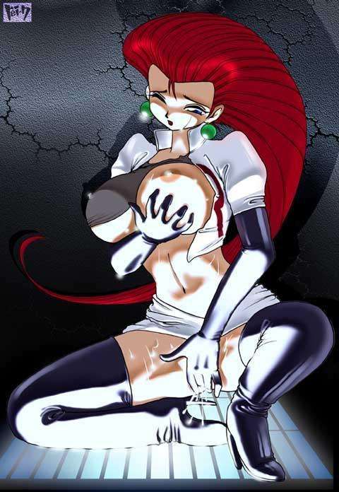 jessie (pokemon), nintendo, pokemon, artist request, 1girl, boots, breasts, clothes lift, cropped jacket, cum, earrings, female focus, female masturbation, grabbing own breast, grid, high heel boots, high heels, huge breasts, indoors, jewelry, large breasts, long hair, masturbation, midriff, miniskirt, narrow waist, nipples, on one knee, one eye closed, pussy, pussy juice, red hair, shirt lift, skirt, skirt around belly, skirt set, solo, sweat, team rocket, thigh boots, thighhighs, very long hair