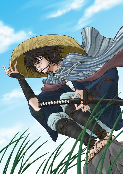 shachihiko (nabe project), l (death note), death note, jpeg artifacts, 00s, 1boy, bags under eyes, food, japanese clothes, male focus, sandogasa, solo, sword, weapon