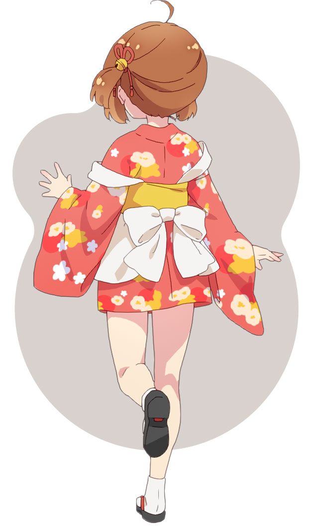 chiyo (prima doll), prima doll (anime), official art, 1girl, ahoge, anime coloring, apron, bell, brown hair, flower, from behind, full body, grey background, hair flower, hair ornament, hair ribbon, hand up, japanese clothes, kimono, obi, open hand, red kimono, red ribbon, ribbon, sandals, sash, short hair, short kimono, side ponytail, socks, solo, spread fingers, standing, sugihara minami, two-tone background, white apron, white background, white socks, wide sleeves, zouri