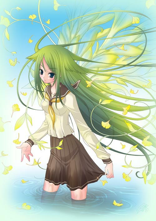 shachihiko (nabe project), saya (saya no uta), saya no uta, ginkgo tree, green eyes, green hair, leaf, long hair, school uniform, serafuku, solo, water, wings