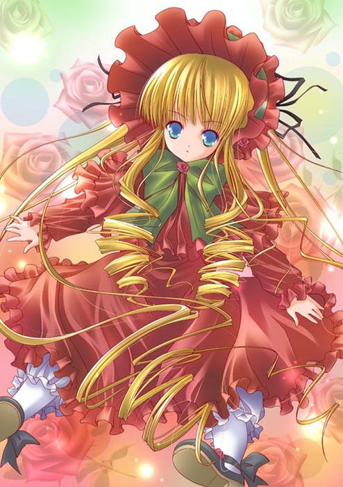 shachihiko (nabe project), shinku, rozen maiden, 00s, blonde hair, blue eyes, flower, long hair, rose, twintails