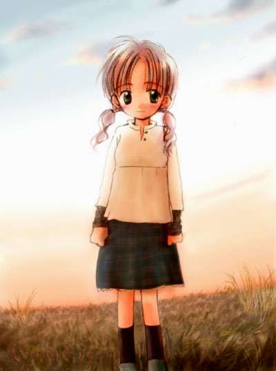 shiina asako, original, 1girl, brown hair, child, cloud, female focus, grass, nature, outdoors, short twintails, sky, smile, solo, sunset, twintails