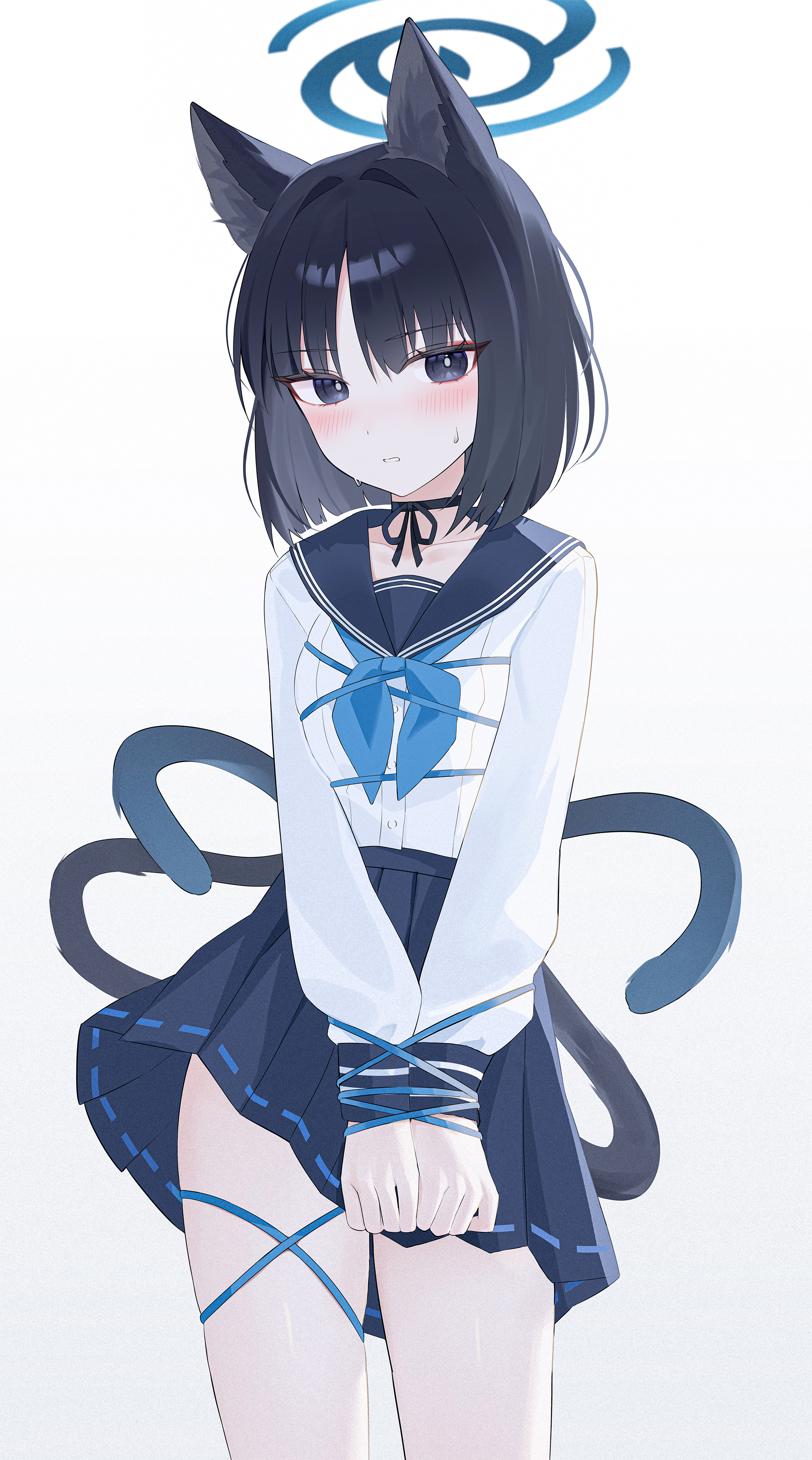 yagen (user mxur3238), kikyou (blue archive), blue archive, 1girl, animal ears, bare legs, bdsm, black eyes, black hair, black skirt, blush, bondage, bound, cat ears, cat tail, cowboy shot, looking at viewer, school uniform, serafuku, short sleeves, skirt, solo, tail, thigh gap