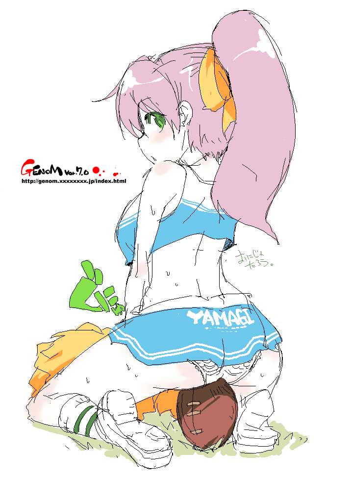 onija tarou, original, light purple hair, 1girl, american football, ass, bow, cheerleader, crotch rub, female focus, frilled panties, frills, hair bow, kneeling, oekaki, panties, pom pom (cheerleading), ponytail, skirt, solo, underwear, upskirt