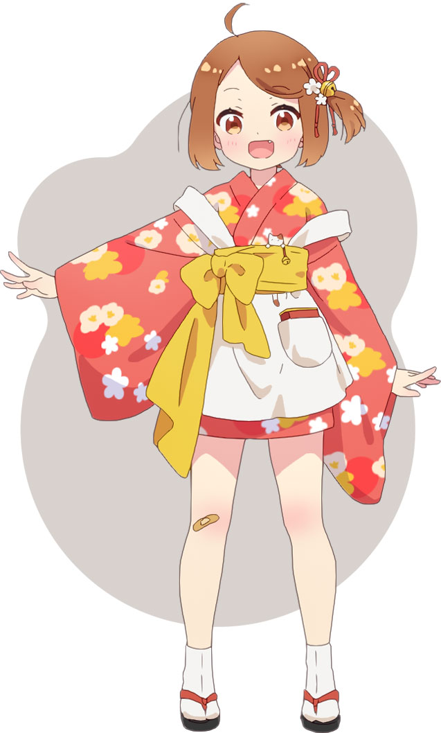 chiyo (prima doll), prima doll (anime), official art, 1girl, :d, ahoge, anime coloring, apron, bandaid, bandaid on leg, bell, blush, bow, brown eyes, brown hair, fang, floral print, flower, full body, grey background, hair flower, hair ornament, hair ribbon, japanese clothes, kimono, looking at viewer, obi, open hands, open mouth, outstretched arm, red kimono, red ribbon, ribbon, sandals, sash, short hair, short kimono, side ponytail, sidelocks, smile, socks, solo, standing, sugihara minami, two-tone background, white apron, white background, white socks, wide sleeves, yellow bow, zouri