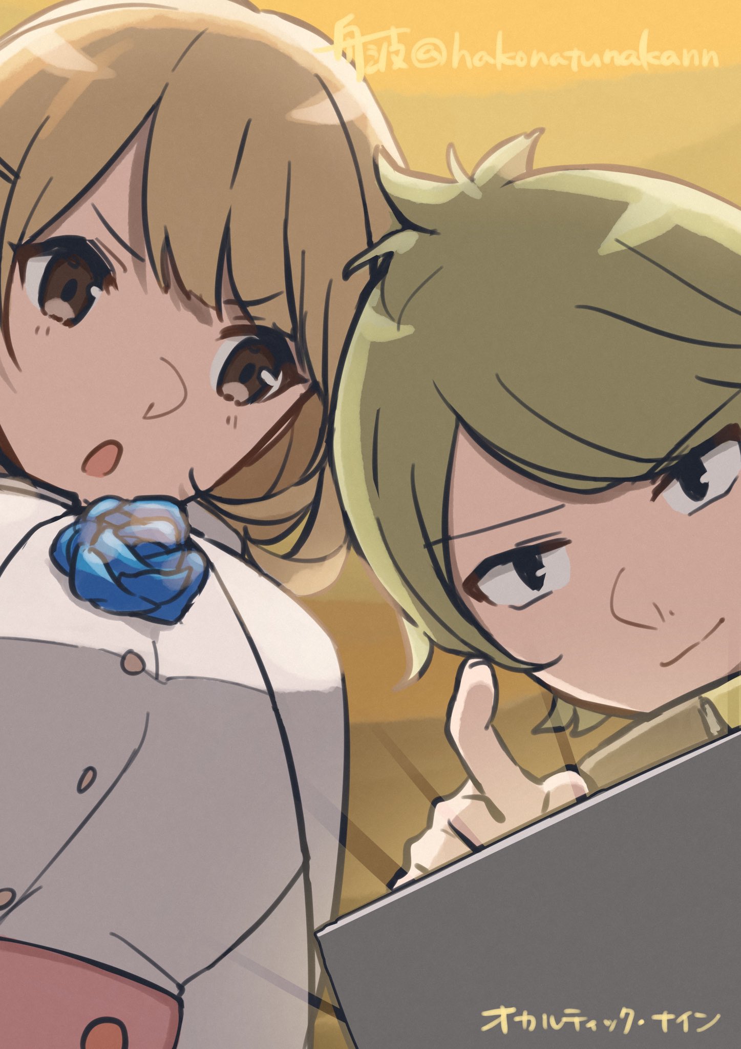 funami (hakonatunakann), gamon yuuta, narusawa ryouka, occultic;nine, science adventure, highres, 1boy, 1girl, breasts, brown coat, brown eyes, coat, furrowed brow, green eyes, green hair, high-waist skirt, holding, holding tablet pc, huge breasts, looking at another, looking at object, multicolored coat, screen light, shirt, short hair, skirt, smile, tablet pc, white coat, yellow coat