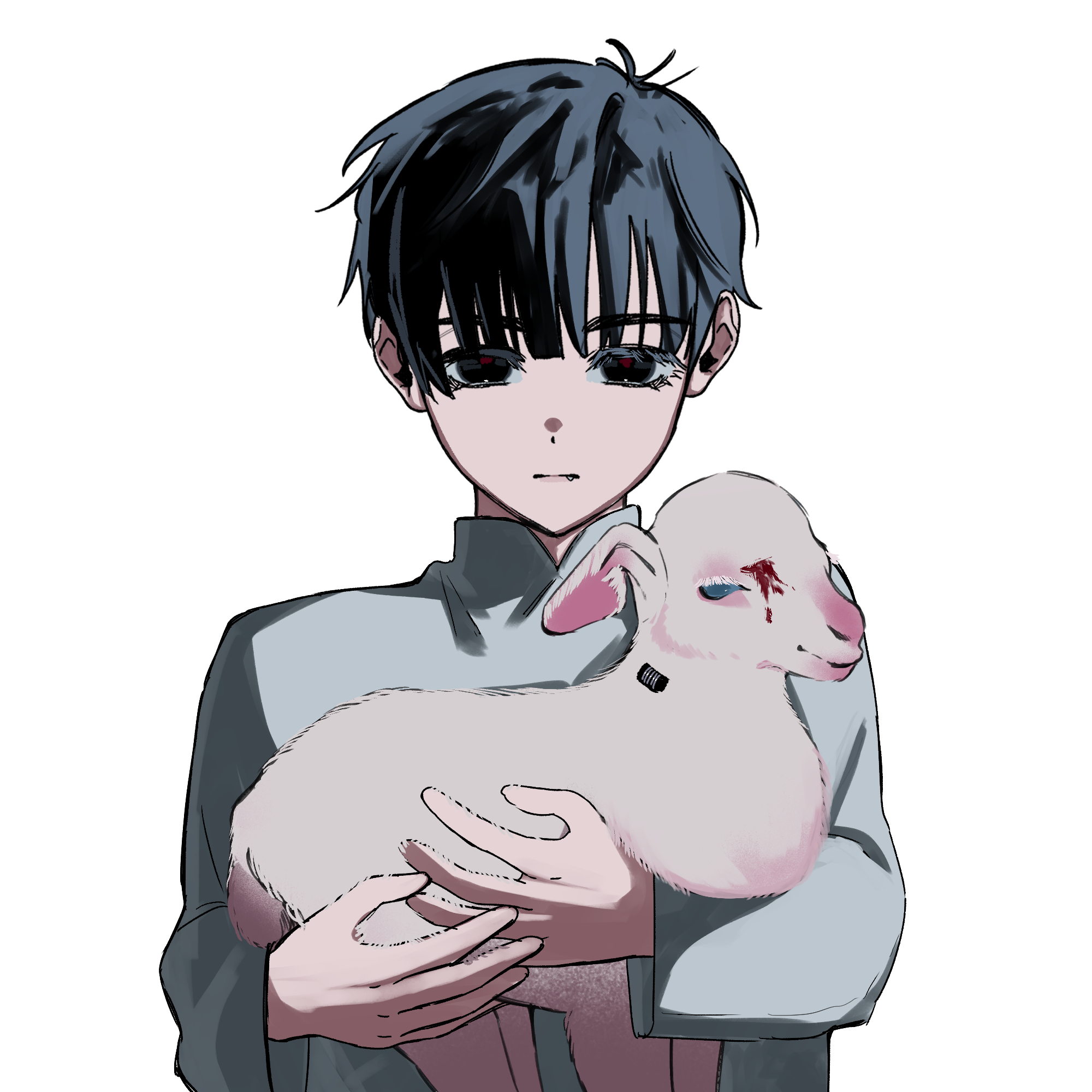 kyon (zmwh8222), ivan (alien stage), alien stage, highres, 1boy, animal, baby animal, black eyes, black hair, blood, closed mouth, fang, fang out, holding, holding animal, lamb, long sleeves, male focus, red pupils, sheep, shirt, short hair, solo, very short hair, white shirt