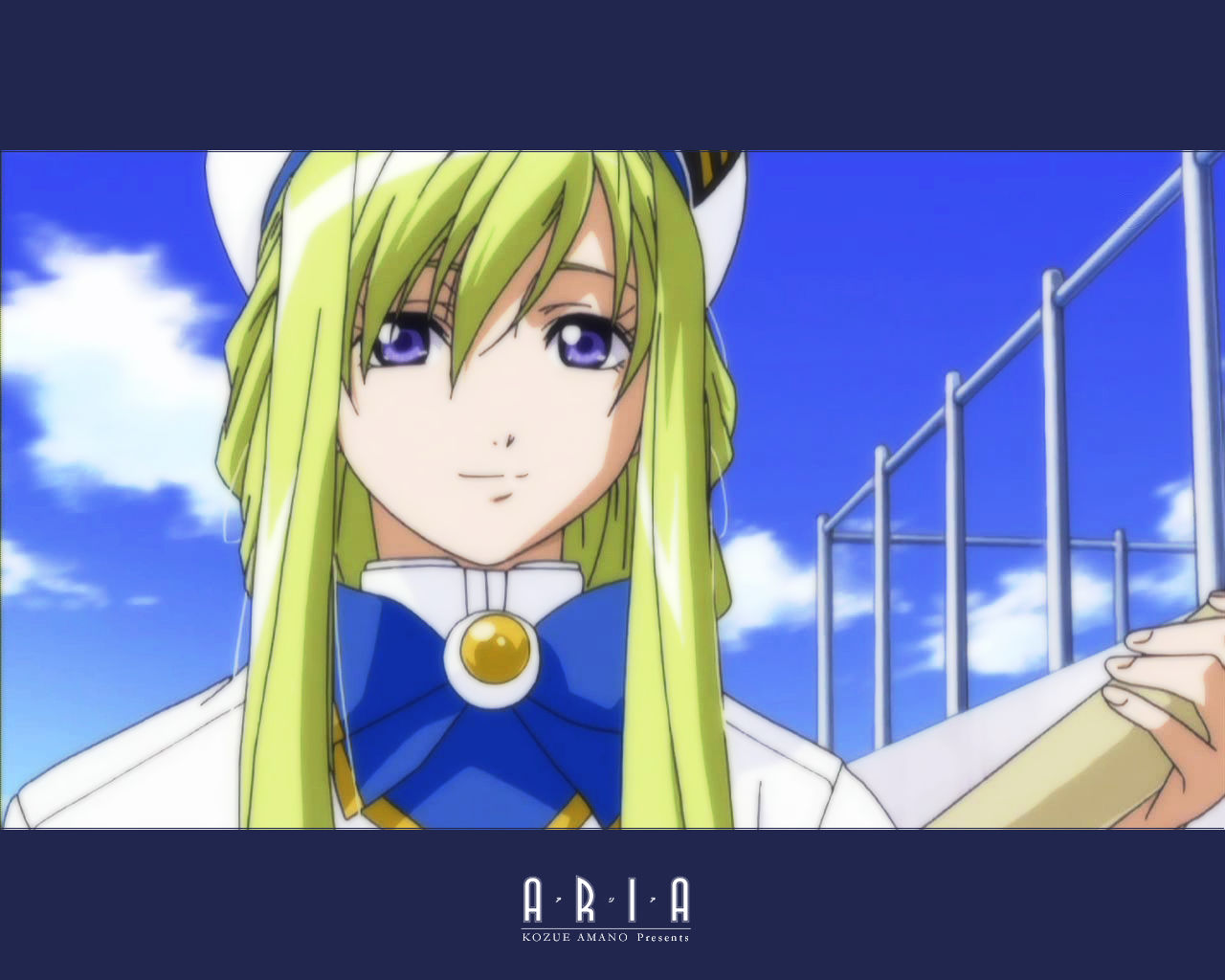 alicia florence, aria (manga), 00s, 1girl, beret, blonde hair, blue bow, blue bowtie, blue sky, bow, bowtie, brooch, cloud, day, female focus, gem, hat, high collar, jewelry, outdoors, purple eyes, railing, sidelocks, sky, solo, upper body