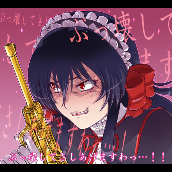 hairu, april (coyote ragtime show), coyote ragtime show, translation request, 00s, 1girl, black hair, constricted pupils, female focus, gloves, grin, gun, hair ribbon, handgun, headdress, lipstick, long hair, luger p08, makeup, pistol, red eyes, ribbon, smile, solo, text background, text focus, weapon