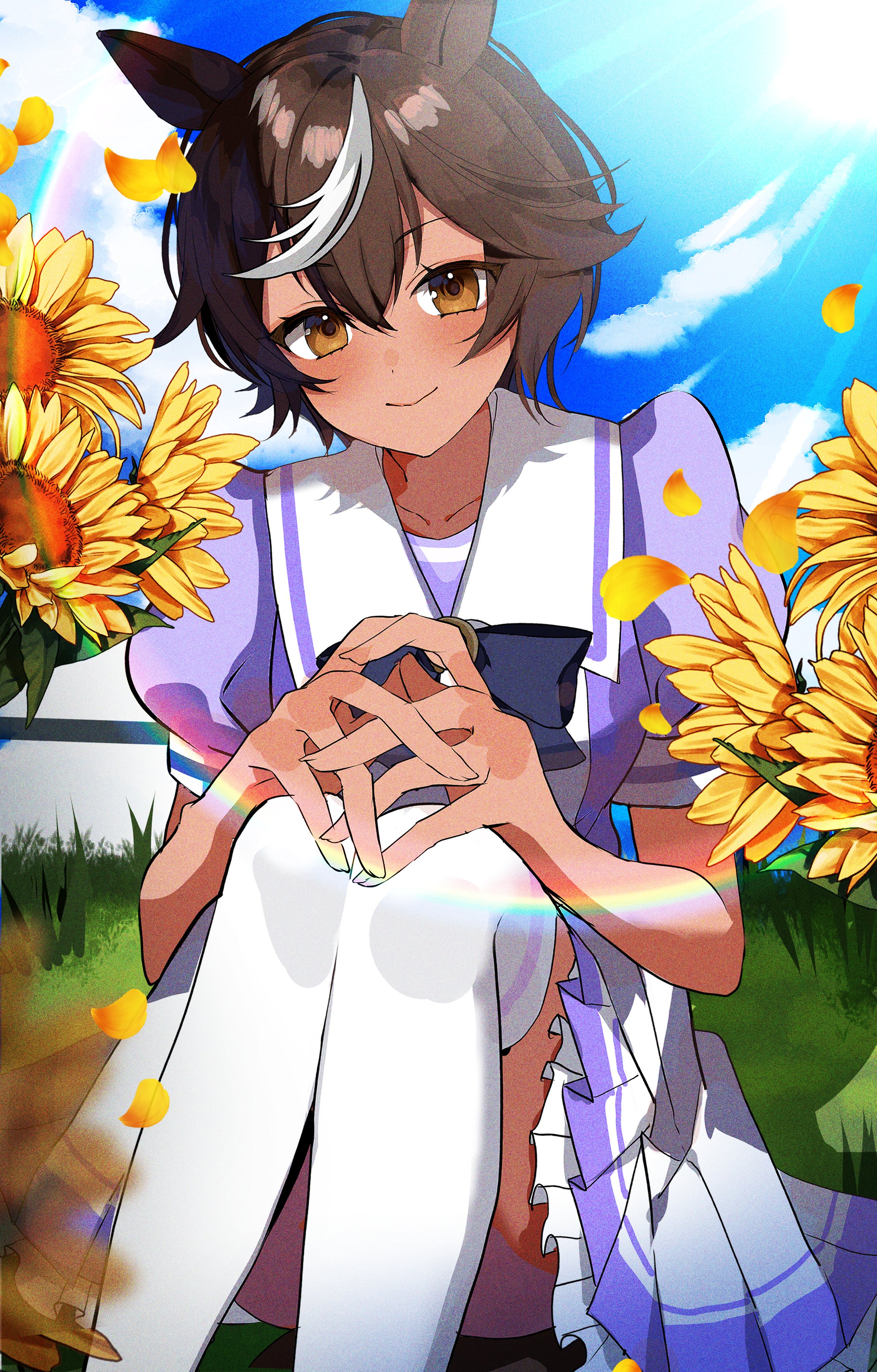 usahana101, tomoe umari, indie virtual youtuber, umamusume, absurdres, highres, second-party source, 1girl, animal ears, brown hair, closed mouth, cloud, collarbone, dark-skinned female, dark skin, dress, falling petals, flower, grass, horse ears, horse girl, multicolored hair, original race uniform (umamusume), petals, purple dress, short hair, sitting, sky, smile, solo, streaked hair, thighhighs, virtual youtuber, white hair, white thighhighs, yellow flower, yellow petals