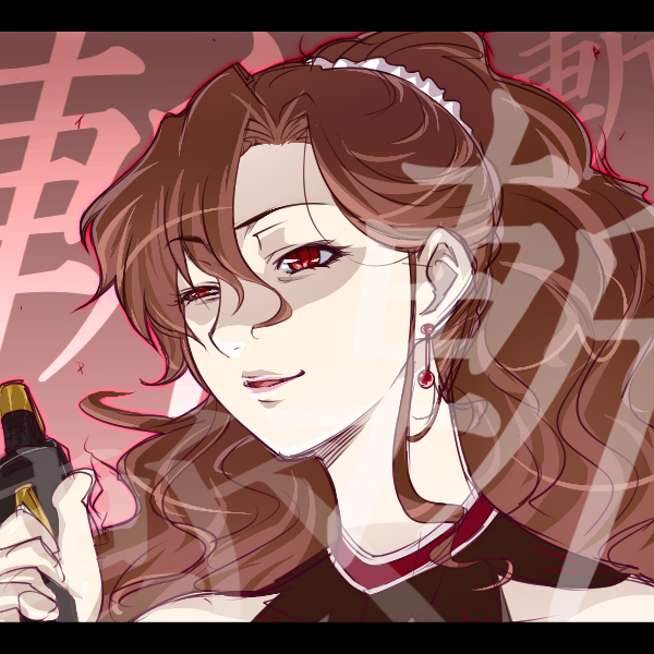hairu, july (coyote ragtime show), coyote ragtime show, 00s, 1girl, ;d, alcohol, bare shoulders, black dress, bottle, brown hair, dress, earrings, female focus, hairband, jewelry, lips, long hair, looking back, one eye closed, open mouth, ponytail, red eyes, shaded face, sleeveless, sleeveless dress, smile, solo, text focus, upper body