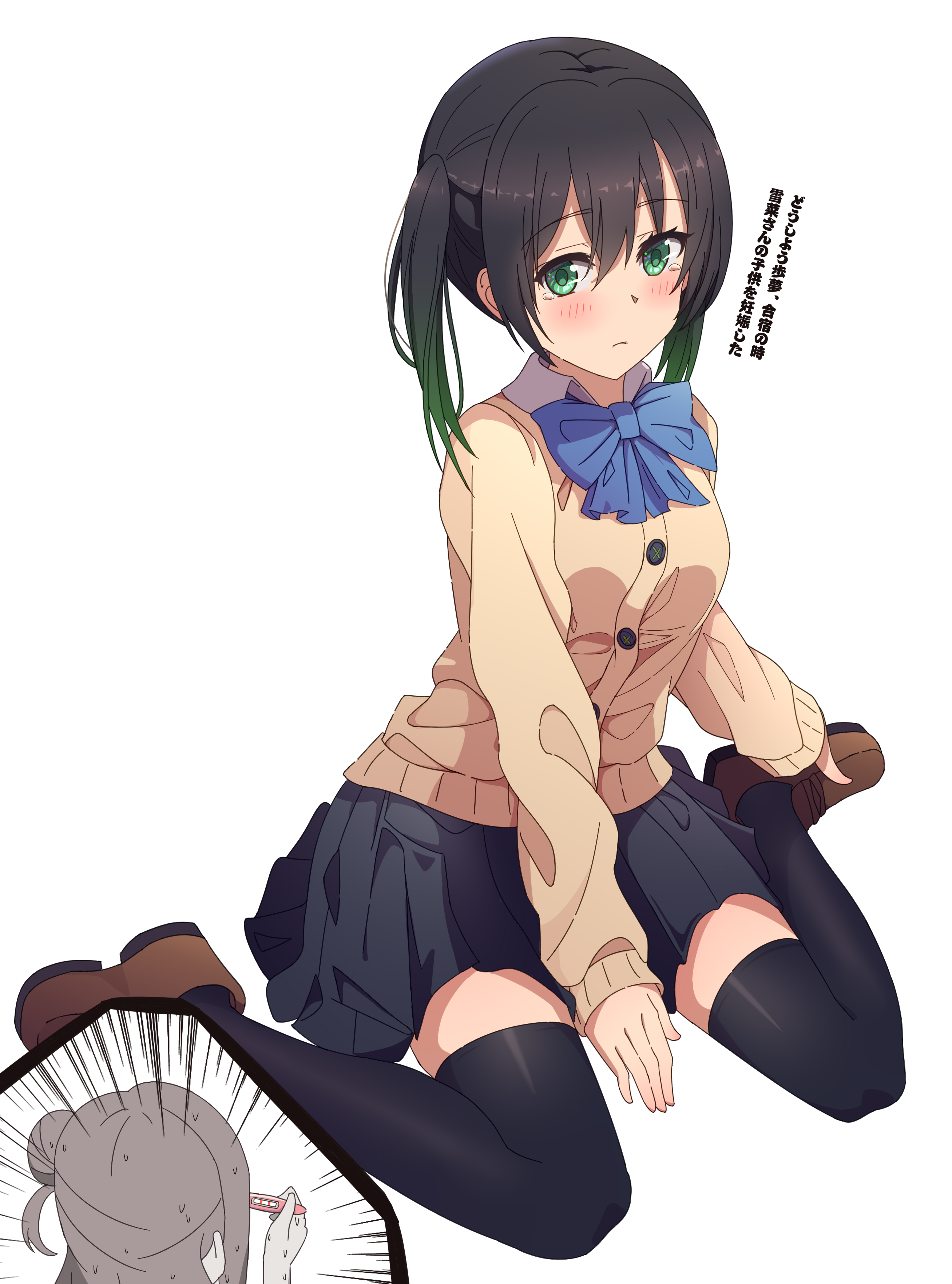 mhnohouki, takasaki yu, uehara ayumu, love live!, love live! nijigasaki high school idol club, absurdres, commentary request, highres, 1girl, black hair, black skirt, black thighhighs, blue bow, bow, gradient hair, green eyes, green hair, hair between eyes, medium hair, multicolored hair, pleated skirt, simple background, sitting, skirt, solo, streaked hair, thighhighs, twintails, two-tone hair, wariza, white background, yuri