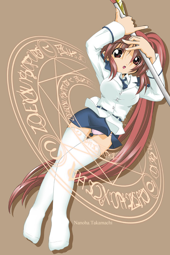 kei (fortune), raising heart, takamachi nanoha, lyrical nanoha, mahou shoujo lyrical nanoha, mahou shoujo lyrical nanoha strikers, 00s, 1girl, bad anatomy, brown background, character name, female focus, magic circle, military, military uniform, octagram, panties, pantyshot, poorly drawn, side ponytail, sitting, solo, striped clothes, striped panties, thighhighs, underwear, zettai ryouiki