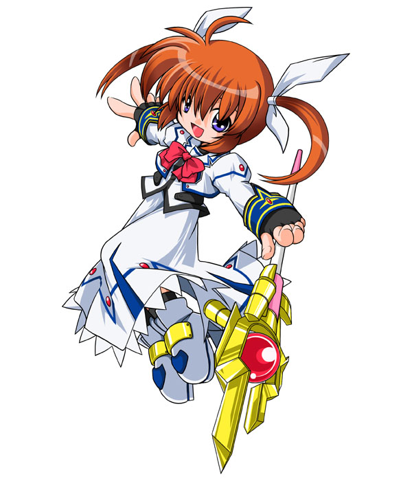 kei (fortune), raising heart, raising heart (buster mode), takamachi nanoha, takamachi nanoha (sacred mode), lyrical nanoha, mahou shoujo lyrical nanoha, mahou shoujo lyrical nanoha a's, 00s, 1girl, :d, bow, bowtie, dress, female focus, fingerless gloves, gloves, holding, holding weapon, long sleeves, magazine (weapon), magical girl, open mouth, orb, polearm, purple eyes, red bow, red bowtie, red hair, rod, smile, solo, staff, twintails, weapon, white dress