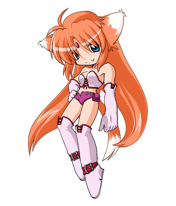 kei (fortune), arf, lyrical nanoha, mahou shoujo lyrical nanoha, 00s, 1girl, ahoge, armor, armored boots, blue eyes, blush, boots, clenched hand, collarbone, female focus, floating, gauntlets, hand on own hip, looking at viewer, orange hair, revealing clothes, short shorts, shorts, smile, solo, strapless, thigh boots, thighhighs, tube top