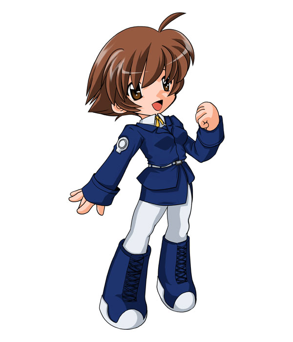 kei (fortune), amy limietta, lyrical nanoha, mahou shoujo lyrical nanoha, 00s, 1girl, :d, ahoge, belt, brown eyes, brown hair, buckle, clenched hand, collar, emblem, female focus, full body, looking at viewer, military, military uniform, open mouth, pants, pantyhose, smile, solo, standing