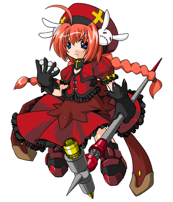 kei (fortune), graf eisen, vita (nanoha), lyrical nanoha, mahou shoujo lyrical nanoha, mahou shoujo lyrical nanoha a's, 00s, 1girl, ahoge, beret, between fingers, black gloves, braid, collar, cross, cross print, dress, female focus, full body, gloves, hair ornament, hammer, hat, holding, long hair, puffy short sleeves, puffy sleeves, rabbit hair ornament, red dress, short sleeves, solo, spikes, twin braids, very long hair