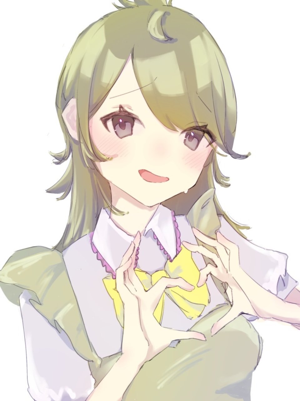 gamon yuuta, occultic;nine, science adventure, clothing request, highres, 1girl, :d, apron, blush, bow, bowtie, frilled apron, frills, genderswap, genderswap (mtf), green hair, heart, heart hands, long hair, looking at viewer, nervous, nervous sweating, open mouth, shirt, short sleeves, simple background, smile, solo, sweat, toake z1, tongue, upper body, wavy mouth, white background, white shirt, yellow bow, yellow bowtie